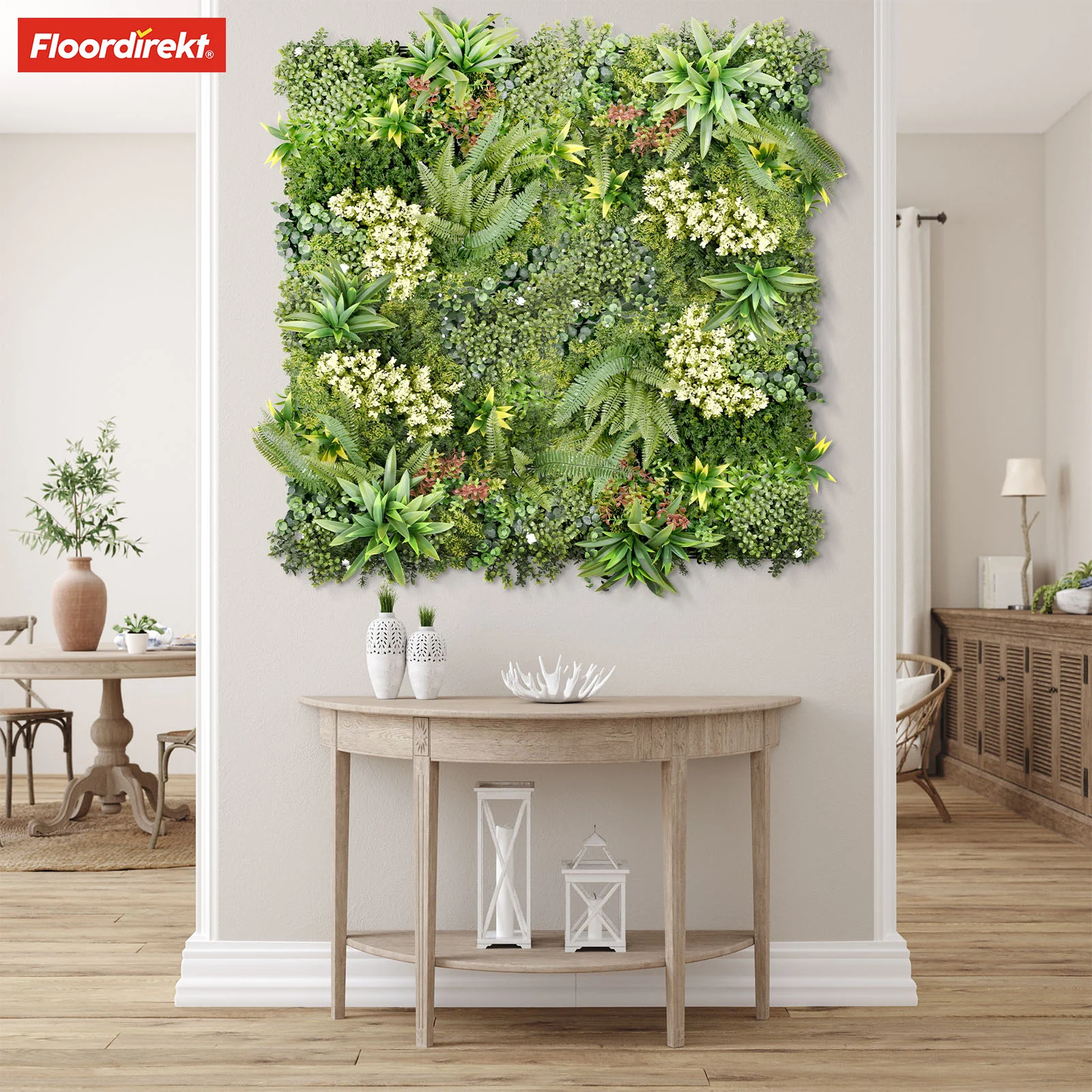 Ściana z roślinami | Rhea | Stylowa dekoracja ścienna z zielonymi roślinami i białymi kwiatami | 50 x 50 cm - Image 15