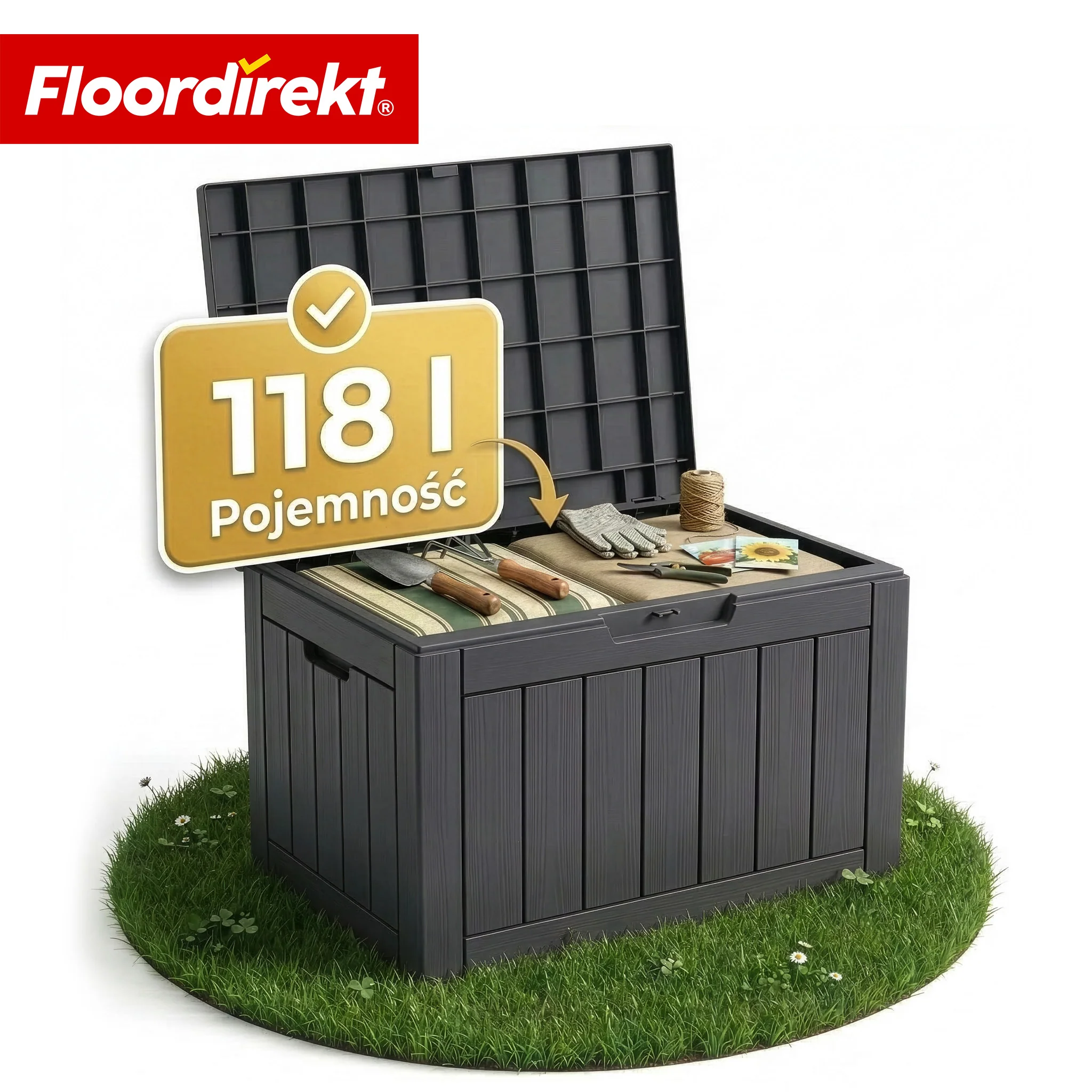 Skrzynia ogrodowa w wyglądzie drewna | Wodoodporna skrzynia na poduszki na taras i balkon | 118L / 270L / 300L